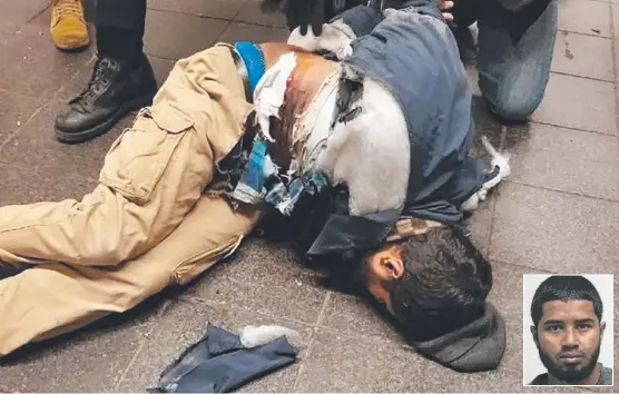  ?? BOMB FAIL: Akayed Ullah, 27, lies injured after trying to detonate a pipe- bomb on the New York subway. Inset: A taxi company photo of Ullah. ??