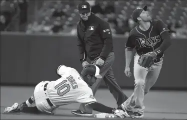  ?? LLOYD FOX/TRIBUNE NEWS SERVICE ?? Orioles' Adam Jones slides safely into second with a double in the first inning as Rays' second baseman Brad Miller looks for the ball on Monday in Baltimore.