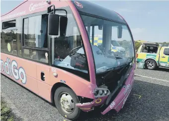  ??  ?? Damage to the front of the Go North East bus on the A182 in Seaham.