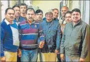  ?? PTI ?? Delhi Police crime branch arrested Rakesh Goel (wearing spectacles), owner of Hotel Arpit Palace, on Saturday night.