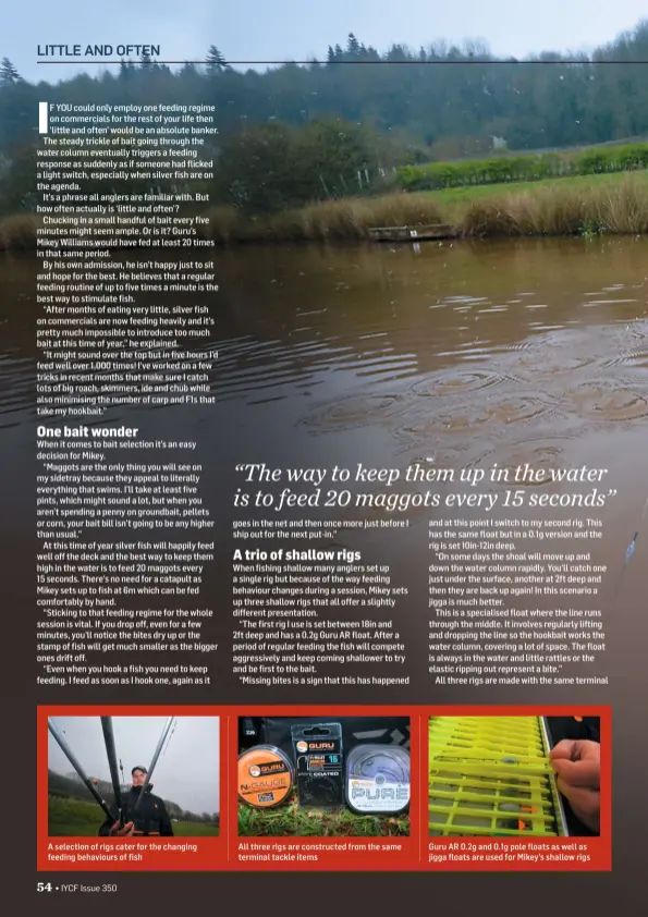  ??  ?? A selection of rigs cater for the changing feeding behaviours of fish All three rigs are constructe­d from the same terminal tackle items Guru AR 0.2g and 0.1g pole floats as well as jigga floats are used for Mikey’s shallow rigs