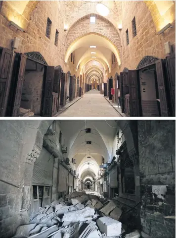  ?? PHOTOS BY AP ?? This combo of two photograph­s shows a Jan 21, 2017 photo, bottom, the debris of al-Saqatiyah Market, and the same market after it has been newly renovated on July 27, 2019, in the old city of Aleppo, Syria.