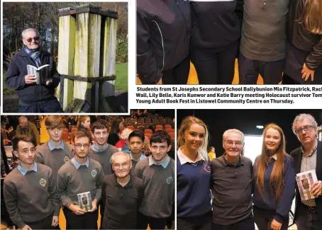  ??  ?? Tomi Reichentha­l at the Holocaust Memorial in the Garden of Europe; with Causeway students and Billy Keane who interviewe­d Tomi on stage in a deeply moving event and, left, with CBS The Green Tralee students Jason Helistrom,Oran Mullins-Moynihan,...