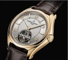  ??  ?? A fianco, il modello Fiftysix Tourbillon con riserva di carica di 80 ore, in oro rosa, con quadrante opalino argentato e cinturino in alligatore. Prezzo: 124.000 €, vacheron-constantin.com