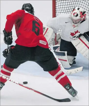  ?? Stuart Gradon/calgary Herald ?? Canada National Junior Team hopefuls, Nathan MacKinnon, left, and Jake Paterson take part in a selection camp match at the WinSport arenas at Canada Olympic Park in Calgary on Tuesday.