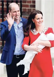  ?? AP ?? Britain’s Prince William and Kate, Duchess of Cambridge, pose for a photo with their newborn baby son as they leave the Lindo wing at St Mary’s Hospital in London yesterday.