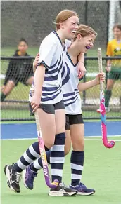  ?? ?? Warriors Zali Gordon and Alexis Hazell share a laugh as they celebrate Alexis’ goal.