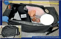  ??  ?? A person taking part in a reenactmen­t by Italian police shows how a kidnapped British model was kept in a bag.