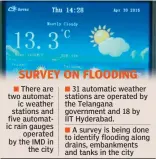  ??  ?? There are two automat
ic weather stations and five automatic rain gauges
operated by the IMD in
the city
31 automatic weather stations are operated by the Telangana government and 18 by IIT Hyderabad.
A survey is being done to identify flooding...