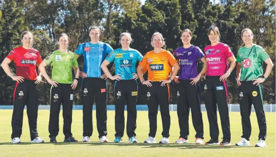  ?? ?? Georgia Wareham (left), Rachael Haynes, Tahlia Mcgrath, Georgia Redmayne, Beth Mooney, Tayla Vlaeminck, Ellyse Perry and Meg Lanning in Brisbane to help promote the upcoming WBBL competitio­n to be broadcast live on Fox Sports. Picture: Getty Images