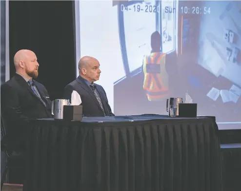  ?? ANDREW VAUGHAN / THE CANADIAN PRESS ?? RCMP Const. Terry Brown, left, and Const. Dave Melanson field questions Thursday at the Mass Casualty Commission inquiry in Dartmouth.