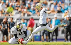  ?? GETTY IMAGES ?? Against the Falcons, with whom he once shared a playing field as a GSU kicker, the Saints’ Wil Lutz is 11 for 11 on field goals. Lutz is always mindful of representi­ng his Georgia State legacy. He had the Panthers mascot outfit sent to New Orleans after GSU beat Tennessee in September. An attendant wore it around the locker room.