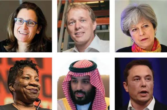  ?? FILE PHOTOS ?? From left, clockwise, Canadian Foreign Affairs Minister Chrystia Freeland, CEO of Canopy Growth Corp. Bruce Linton, U.K. Prime Minister Theresa May, Tesla CEO Elon Musk, Saudi Crown Prince Mohammed Bin Salman and #MeToo movement founder Tarana Burke.