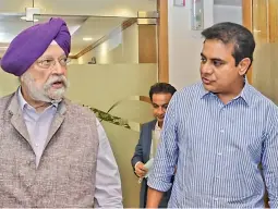  ?? — D. KAMARAJ ?? MA&UD minister K.T. Rama Rao meets Hardeep Singh Puri, Union Minister of Housing and Urban Affairs at Nirman Bhavan in New Delhi on Thursday.