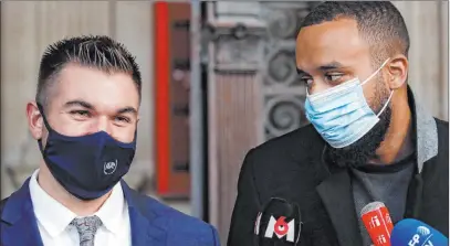  ?? Francois Mori The Associated Press ?? Alek Skarlatos, left, and Anthony Sadler speak at a Paris courthouse Friday. The Islamic State operative they took down on a train in 2015 is on trial with three other defendants. The monthlong trial could help uncover plots to target Europe.