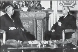  ??  ?? British Prime Minister Harold Wilson, left, meets with French President Charles de Gaulle at the Elysee Palace in Paris. Later that year, de Gaulle would veto Britain’s efforts to join the-then European Economic Community.