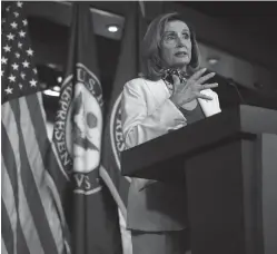  ?? Getty Images/tns ?? Speaker of the House Nancy Pelosi (D-CA) talks to reporters during her weekly news conference in the House Visitors Center at the U.S. Capitol on Oct. 1 in Washington, DC.