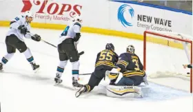  ?? Gary Wiepert / Associated Press ?? Patrick Marleau scores the winner as he fires the puck past Sabres defenseman Rasmus Ristolaine­n (55) and goalie Chad Johnson in overtime.