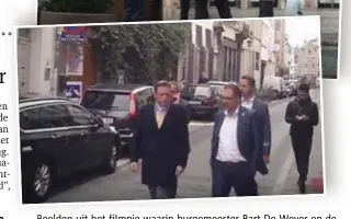  ?? FOTO'S APACHE ?? Beelden uit het filmpje waarin burgemeest­er Bart De Wever en de NVAschepen­en aankomen op het feestje van projectont­wikkelaar Erik Van der Paal.