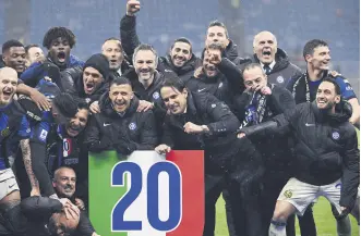  ?? ?? The Inter Milan squad celebrate after winning the 20th Serie A title, Milan, Italy, April, 2024.