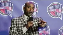  ?? AP ?? Vince Carter speaks during the Basketball Hall of Fame news conference Friday in Indianapol­is. Carter played 22 NBA seasons, the most in league history.