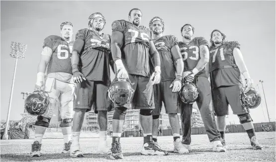  ?? Brett Coomer / Houston Chronicle ?? From left, center Greg Mancz, tackles Chris Clark and Duane Brown, guard Oday Aboushi, tackle Kendall Lamm and guard Xavier Su’a-Filo loom large.