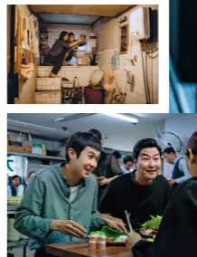  ??  ?? Clockwise from main: Mrs Park (Cho Yeo-jeong) didn’t see the twist coming; How the other half live; Ki-woo (Choi Woo-shik) and Ki-taek (Song Kang-ho) plot their scheme; Director Bong Joon-ho, with his Palme d’or.