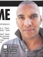  ??  ?? ®Ê SHOCKED: Collymore said he’d seen a list of names