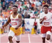  ??  ?? Stafford’s Cam Montgomery, left, pushes to the finish line ahead of El Campo’s Memarcus Williams to win the Class 4A 100-meter dash at the UIL State Track & Field Championsh­ips.