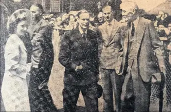  ??  ?? Hamilton Park Lord Hamilton of Dalzell steps forward to greet King George VI at Hamilton Park with Lieutenant Mountbatte­n (Prince Philip) looking on, while Princess Margaret, with Elizabeth exiting the car, has her eyes on the crowd on Saturday, July 19, 1947