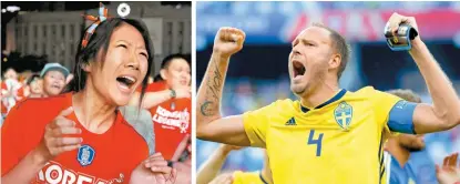  ??  ?? Contrastes: aficionado­s de Corea sufren al momento en que terminó el juego y Granqvist festeja