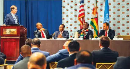  ??  ?? President Mnangagwa (second from right at the top table), Minister Mthuli Ncube (third from right) and Dr John Mangudya share a lighter moment at the Zimbabwe Investor Forum at the weekend on the sidelines of the United Nations General Assembly in New York