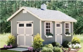  ?? Courtesy of Wayfair ?? Doors on two sides and lush plantings bordering the base add charm to this she-shed.