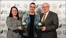  ??  ?? Shane Crossan of Sligo Rovers is presented with both the Best Family Initiative and Supporters Contributi­on Award by Ruth Rapple, SSE Airtricity, and Fran Gavin, FAI Director of Competitio­ns, at the SSE Airtricity League Club Awards.