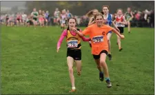  ??  ?? Kate Hanly of Bray Runners A.C. competes with Emma Hunt of Bohermeen A.C. in the U12 girls event in the national cross country last year.