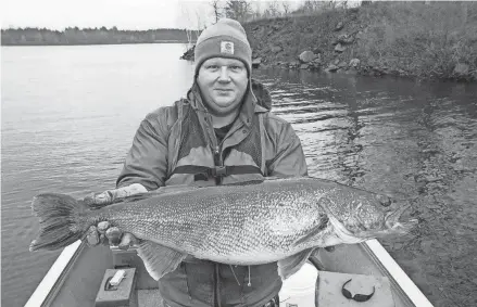  ?? WISCONSIN DEPARTMENT OF NATURAL RESOURCES ?? Brad Betthauser, a fisheries technician with the Wisconsin Department of Natural Resources, holds a 171⁄2 pound walleye caught during a DNR fisheries survey on Lake Wazee in Jackson County.