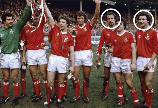 ??  ?? glory days: Nottingham Forest celebrate their 3-2 League Cup final win over Southampto­n in 1979 – the same season they claimed the club’s first European Cup; Frank Clark (circled, third from right) started the European final win over Malmo after being...