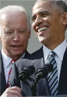  ?? GETTY IMAGES ?? U.S. President Barack Obama (R) and Vice President Joseph Biden (L) share a moment at the Rose Garden of the White House.