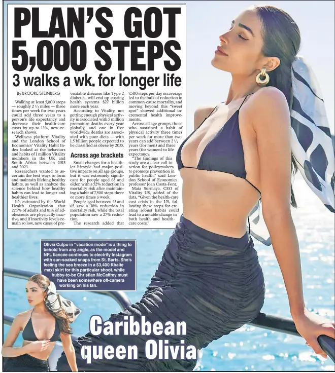  ?? ?? Olivia Culpo in “vacation mode” is a thing to behold from any angle, as the model and NFL fiancée continues to electrify Instagram with sun-soaked snaps from St. Barts. She’s feeling the sea breeze in a $3,400 Khaite maxi skirt for this particular shoot, while hubby-to-be Christian McCaffrey must have been somewhere off-camera working on his tan.