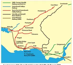  ?? AFTERBRUNE­L/ CREATICVOE­M MONS ?? A systemm apo f the BurryP ort& Gwendraeth­V alleyR ailwayi n 1909, alsos howingt he nearbys emi- paralleLl lanelly& MynyddM awr Railway.