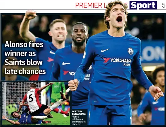  ??  ?? ECSTASY AND AGONY: Alonso celebrates and Morata is clattered