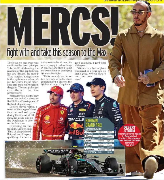  ?? ?? DESERT STORM Hamilton turns heads
in Bahrain but Leclerc, Verstappen and Russell (all left) dominate the grid