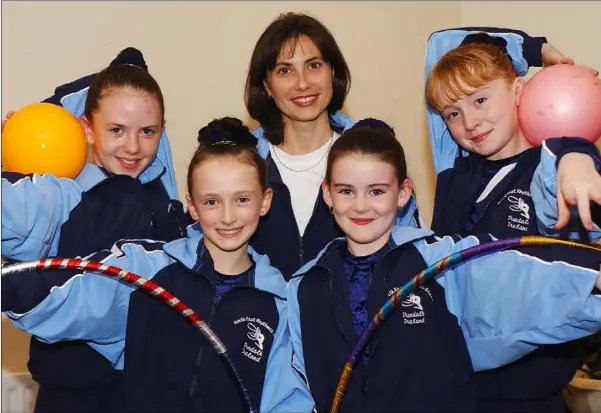  ??  ?? Valentina Culicova, Coach with (L-R) katie Bailey, Eve Murray, Naomi Doherty and Nicola Lee members of the North East Rhythmic Stars who are off to Sweden to compete in the Internatio­nal Rhythmic Gymnastic Competitio­ns in 2004.