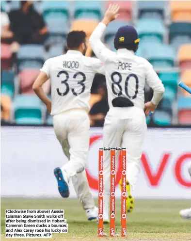  ?? ?? (Clockwise from above) Aussie talisman Steve Smith walks off after being dismissed in Hobart, Cameron Green ducks a bouncer, and Alex Carey rode his lucky on day three. Pictures: AFP