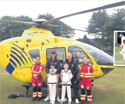  ??  ?? North West Air ambulance paramedics Janet Towers and Nikki Hewitt pictured with members of Runcorn U11’s team and team coaches Geoff Nuzum and Paddy Higgins after the helicopter landed on the cricket field to attend an incident in the local area and (below) Tom Heath in action as Runcorn claimed their first away win of season