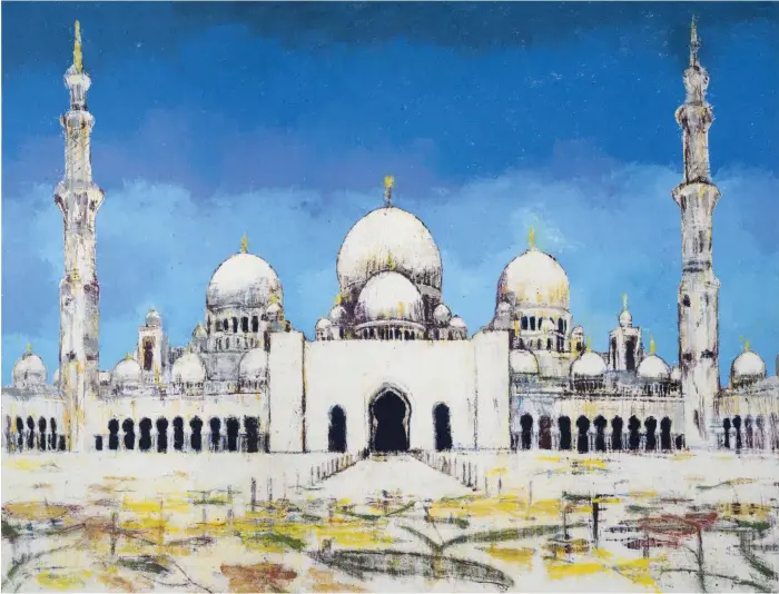  ??  ?? In Sheikh Zayed Mosque (2017), Perez softens the building’s classical symmetry with his colourful rendering of Kevin Dean’s floral mosaics in the courtyard Enoc Perez / Leila Heller Gallery