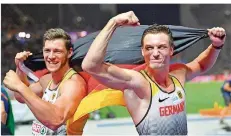  ?? FOTO: MEISSNER/AP ?? Bei der Heim-EM in Berlin gelang den deutschen Speerwerfe­rn durch Gewinner Thomas Röhler (rechts) und Andreas Hofmann ein Doppelsieg.