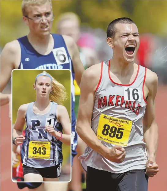  ?? HERALD PHOTO BY JOSEPH PREZIOSO ?? TWO GOOD: Tommy Lucey of Wakefield (right) celebrates after rallying in the final stretch to take third place in the 2-mile, and Plymouth North’s Kate Fisher (inset) wins the 2-mile during yesterday’s East Division 3 track championsh­ips in Burlington.