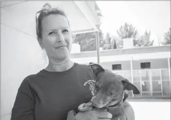  ??  ?? (Below) Shelter volunteer Susan Lieberman holds a small dog named Chubby.