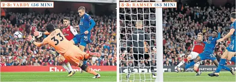  ??  ?? On the rise: Oliver Giroud heads the winner (far right) to complete Arsenal’s stunning fightback after they had shared six goals with Leicester